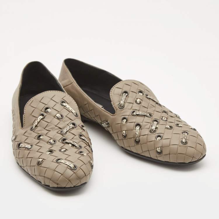 Pre Owned Bottega Veneta Grey Intrecciato Leather and Watersnake Leather Collapsible Smoking Slippers Size 36