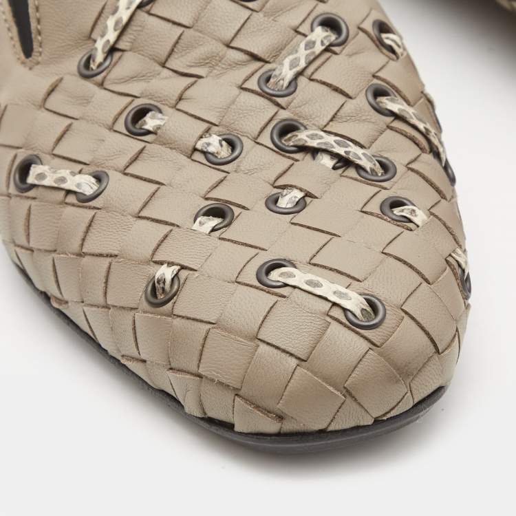Pre Owned Bottega Veneta Grey Intrecciato Leather and Watersnake Leather Collapsible Smoking Slippers Size 36