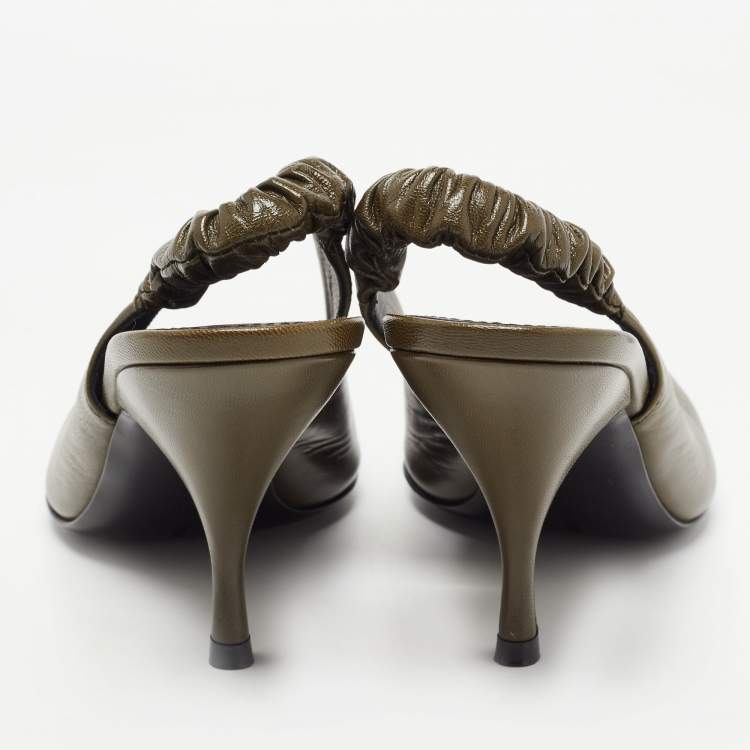 Pre Owned Bottega Veneta Olive Green Leather Slingback Pumps Size 37.5