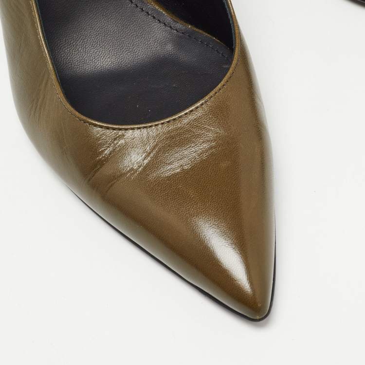 Pre Owned Bottega Veneta Olive Green Leather Slingback Pumps Size 37.5