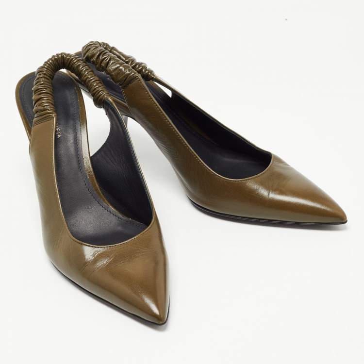 Pre Owned Bottega Veneta Olive Green Leather Slingback Pumps Size 37.5