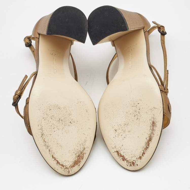 مملوكة مسبقًا Bottega Veneta Metallic Intrecciato Leather Block Heel Slingback Sandals Size 37.5