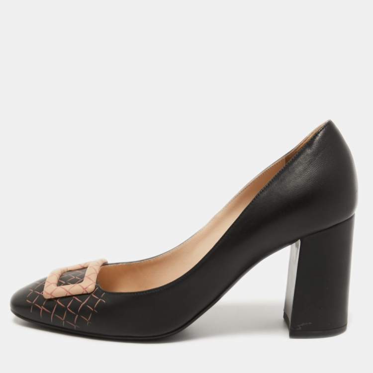 Pre Owned Bottega Veneta Black Leather Block Heel  Pumps Size 37.5
