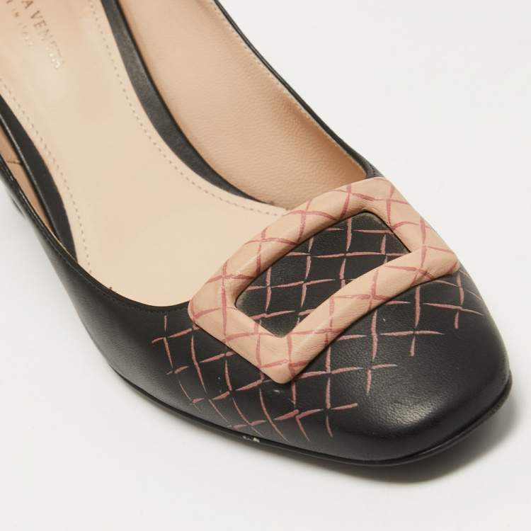 Pre Owned Bottega Veneta Black Leather Block Heel  Pumps Size 37.5
