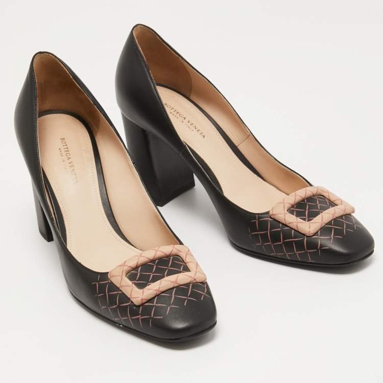 Pre Owned Bottega Veneta Black Leather Block Heel  Pumps Size 37.5