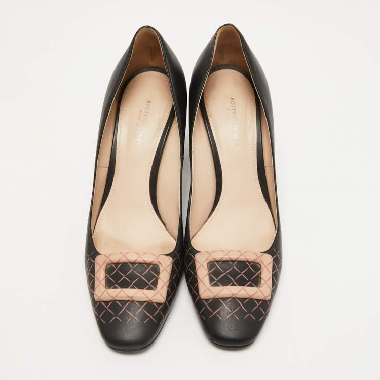 Pre Owned Bottega Veneta Black Leather Block Heel  Pumps Size 37.5