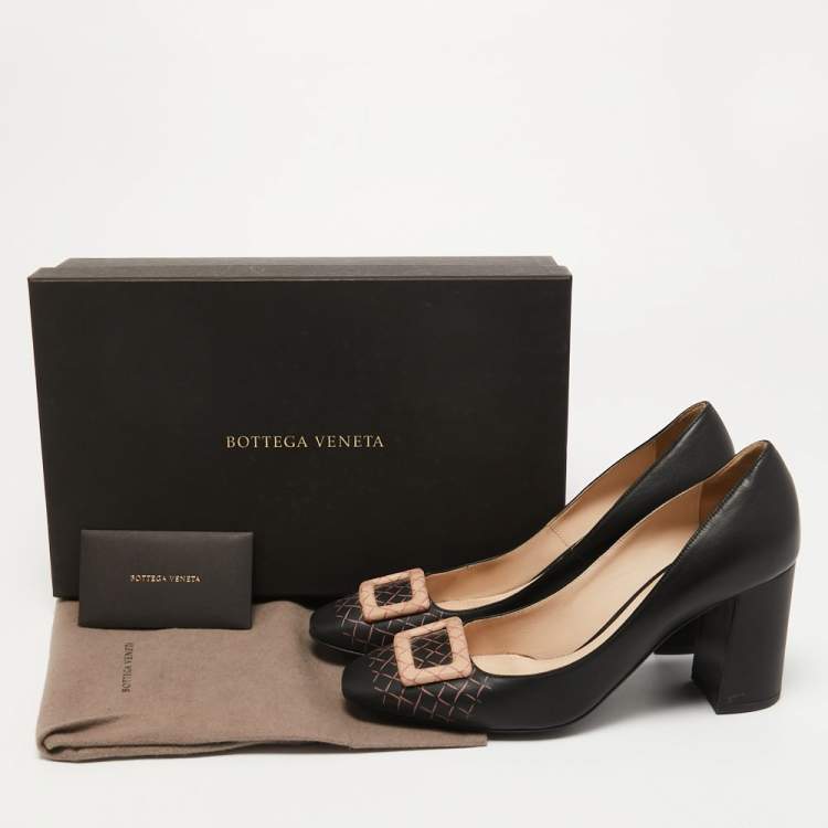 Pre Owned Bottega Veneta Black Leather Block Heel  Pumps Size 37.5