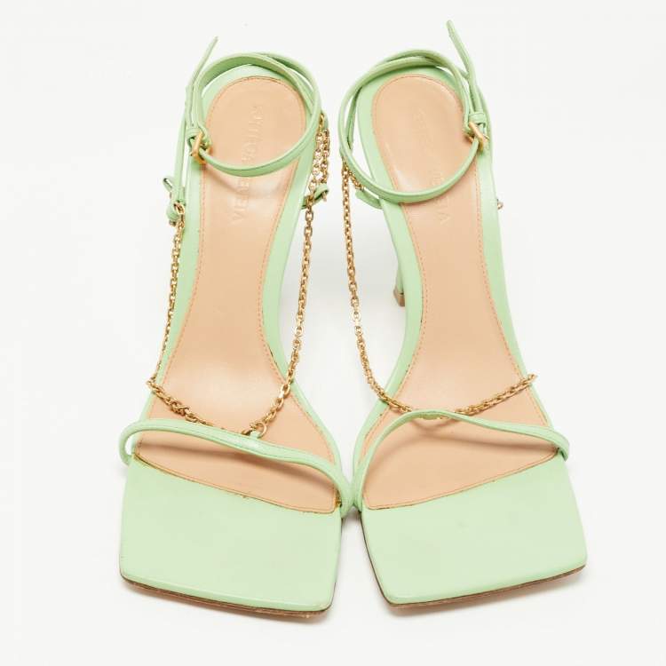 Pre Owned Bottega Veneta Green Leather Chain Ankle Strap Sandals Size 39