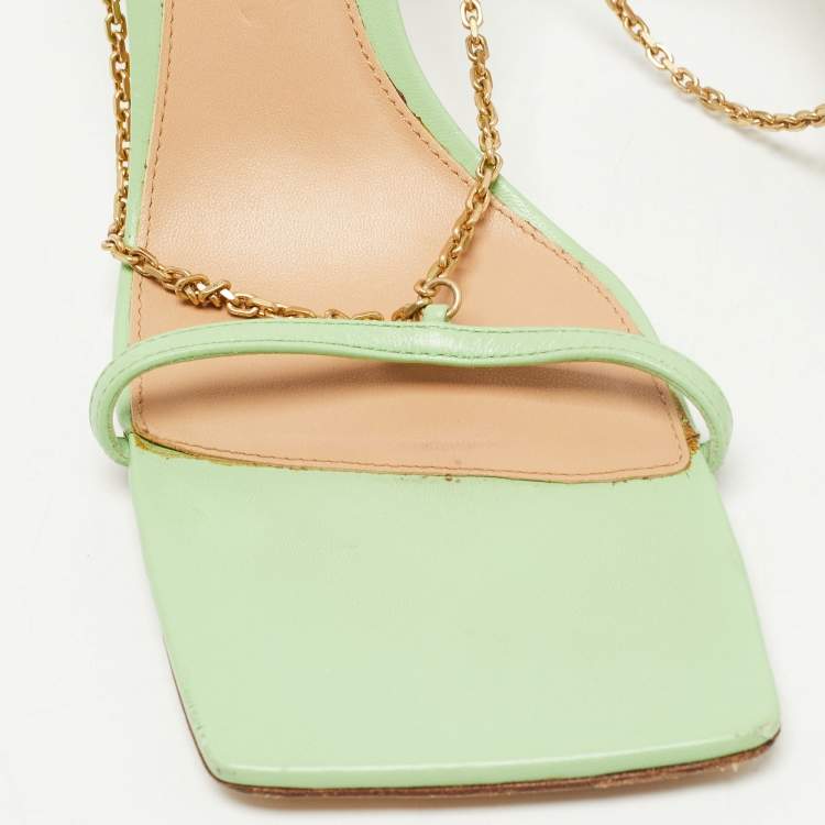 Pre Owned Bottega Veneta Green Leather Chain Ankle Strap Sandals Size 39