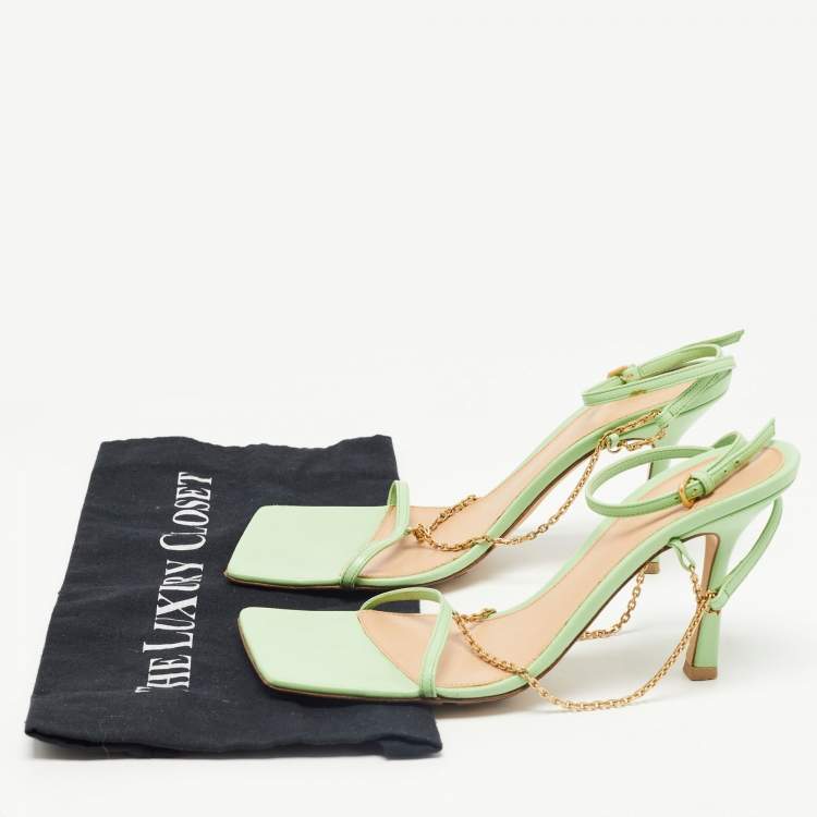 Pre Owned Bottega Veneta Green Leather Chain Ankle Strap Sandals Size 39