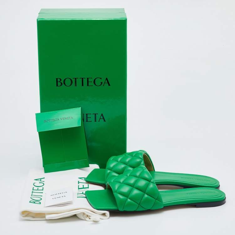 Pre Owned Bottega Veneta Green Leather Lido Flat Slides Size 38