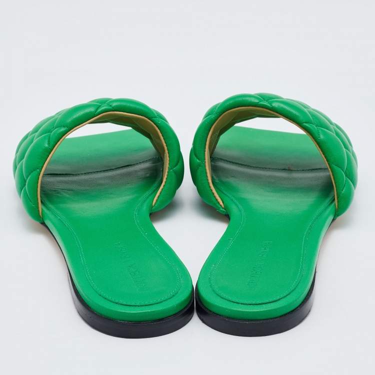 Pre Owned Bottega Veneta Green Leather Lido Flat Slides Size 38