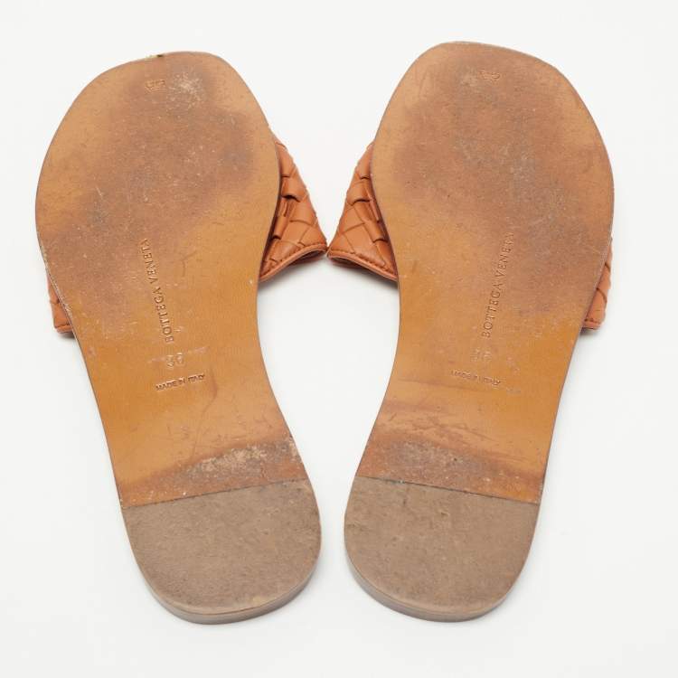 Pre Owned Bottega Veneta Orange Intrecciato Leather Flat Slides Size 36
