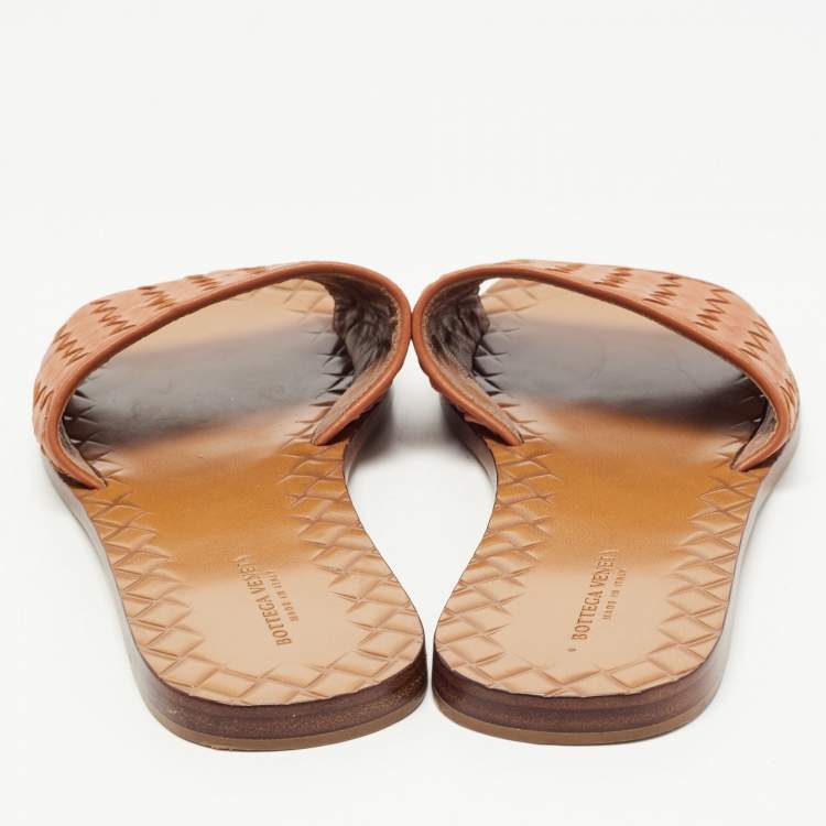Pre Owned Bottega Veneta Orange Intrecciato Leather Flat Slides Size 36
