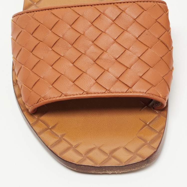 Pre Owned Bottega Veneta Orange Intrecciato Leather Flat Slides Size 36