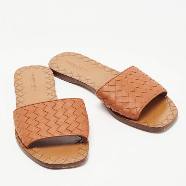 Pre Owned Bottega Veneta Orange Intrecciato Leather Flat Slides Size 36
