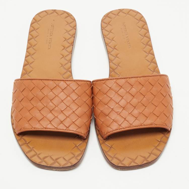 Pre Owned Bottega Veneta Orange Intrecciato Leather Flat Slides Size 36