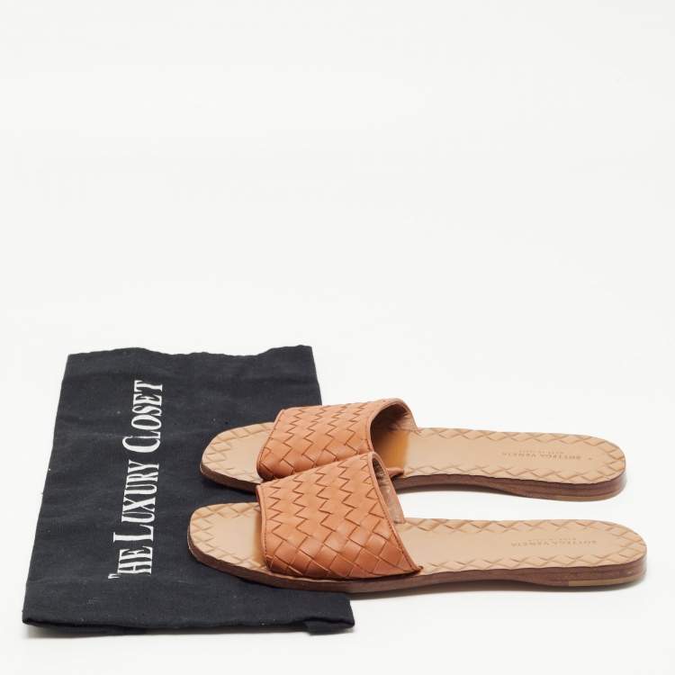 Pre Owned Bottega Veneta Orange Intrecciato Leather Flat Slides Size 36