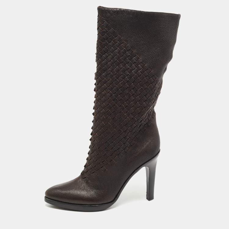 Pre Owned Bottega Veneta Brown Leather Intrecciato Knee Length Boots Size 40
