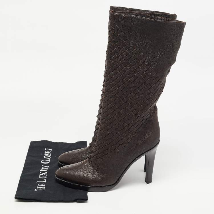 Pre Owned Bottega Veneta Brown Leather Intrecciato Knee Length Boots Size 40