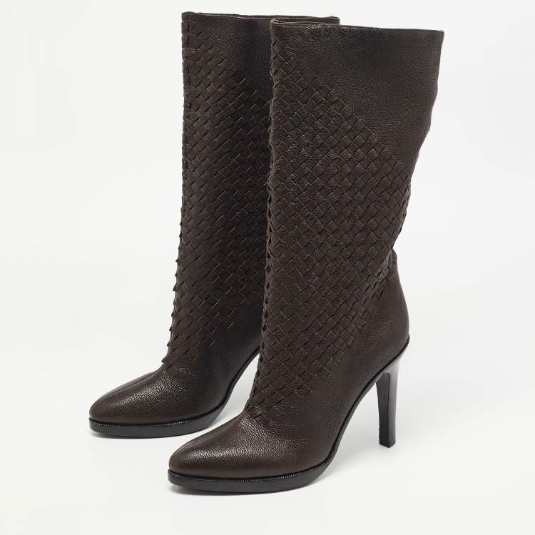 Pre Owned Bottega Veneta Brown Leather Intrecciato Knee Length Boots Size 40