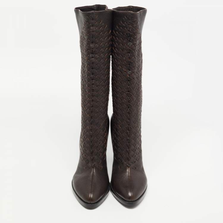 Pre Owned Bottega Veneta Brown Leather Intrecciato Knee Length Boots Size 40