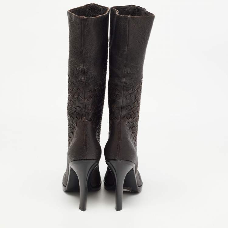 Pre Owned Bottega Veneta Brown Leather Intrecciato Knee Length Boots Size 40