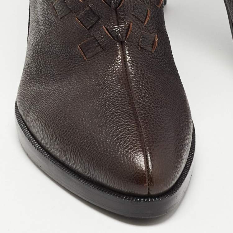 Pre Owned Bottega Veneta Brown Leather Intrecciato Knee Length Boots Size 40