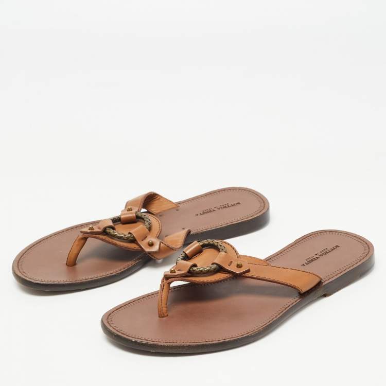 Pre Owned Bottega Veneta Brown Leather Thong Flats Size 36.5
