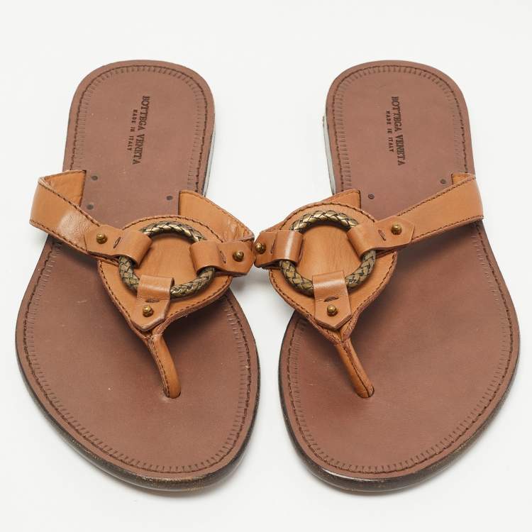 Pre Owned Bottega Veneta Brown Leather Thong Flats Size 36.5
