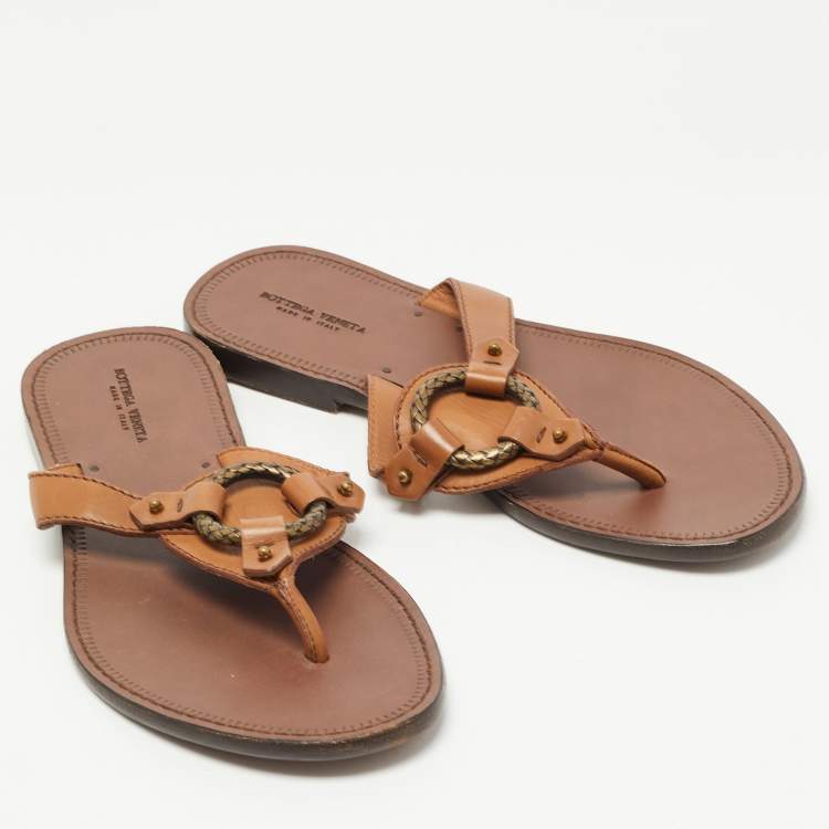 Pre Owned Bottega Veneta Brown Leather Thong Flats Size 36.5