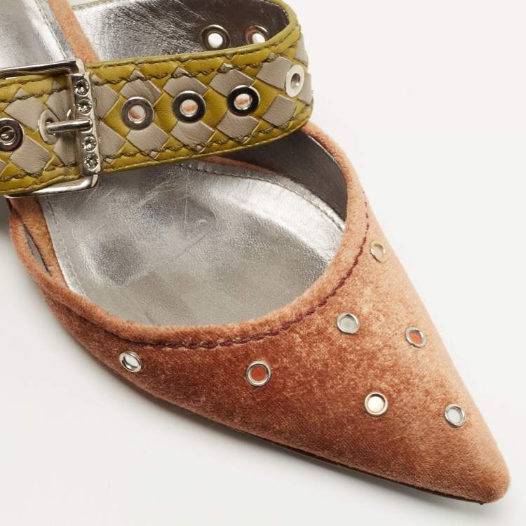 Pre Owned Bottega Veneta Tricolor Velvet and Intrecciato Leather Studded Pumps Size 37