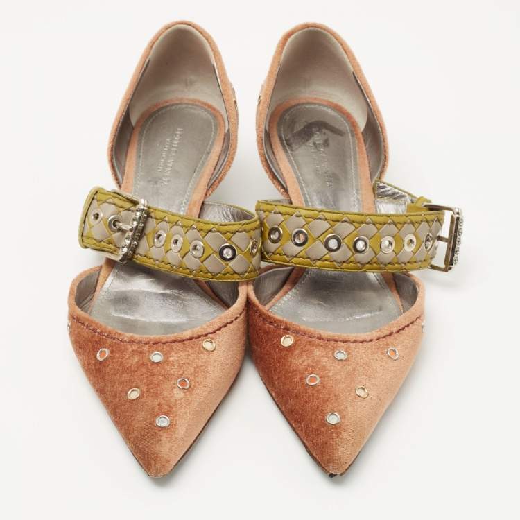 Pre Owned Bottega Veneta Tricolor Velvet and Intrecciato Leather Studded Pumps Size 37