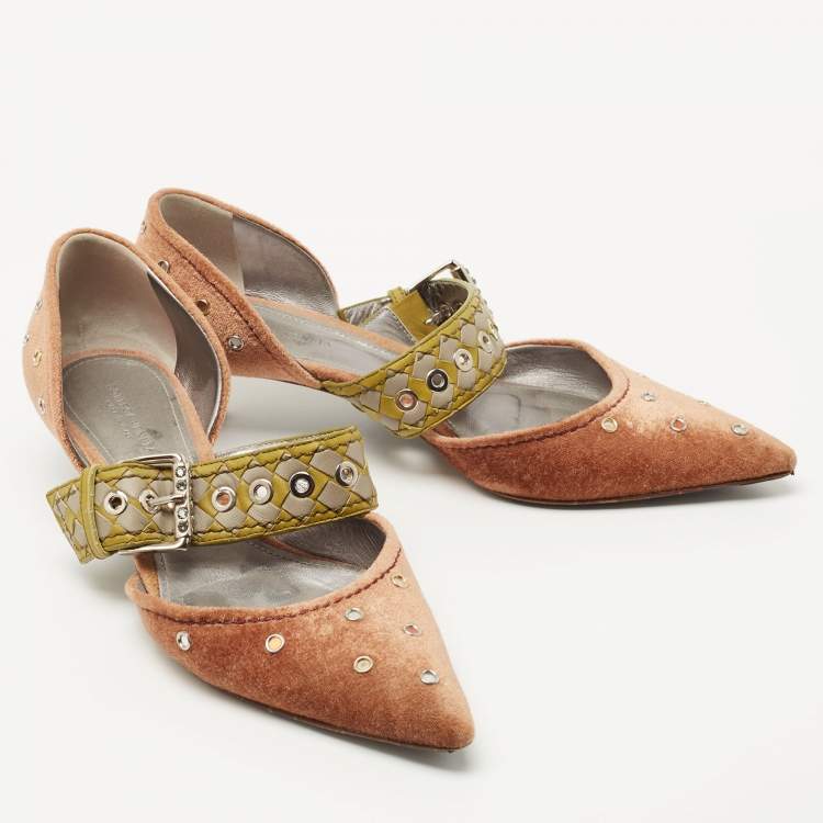 Pre Owned Bottega Veneta Tricolor Velvet and Intrecciato Leather Studded Pumps Size 37