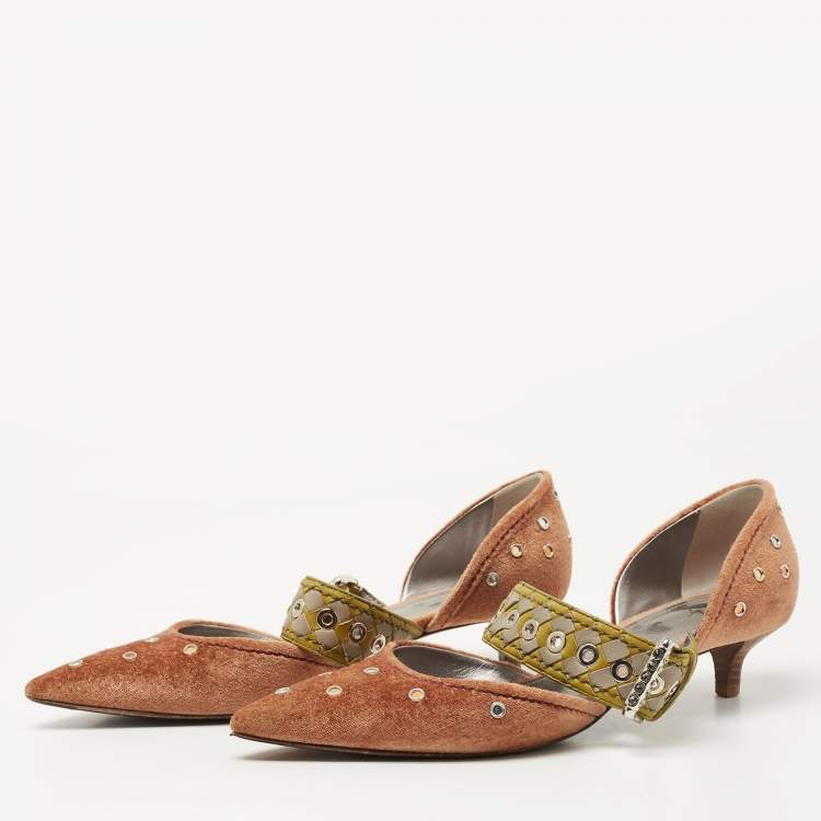 Pre Owned Bottega Veneta Tricolor Velvet and Intrecciato Leather Studded Pumps Size 37