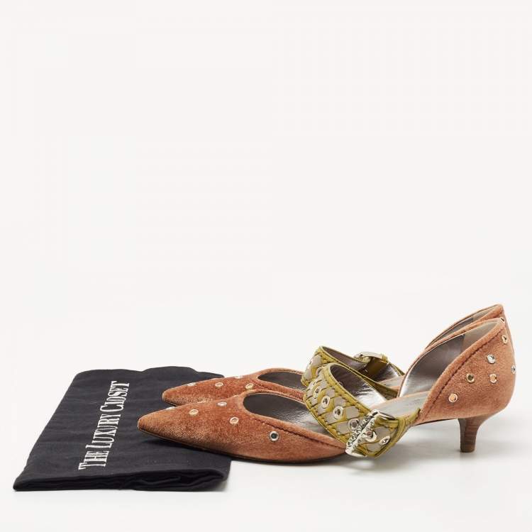 Pre Owned Bottega Veneta Tricolor Velvet and Intrecciato Leather Studded Pumps Size 37