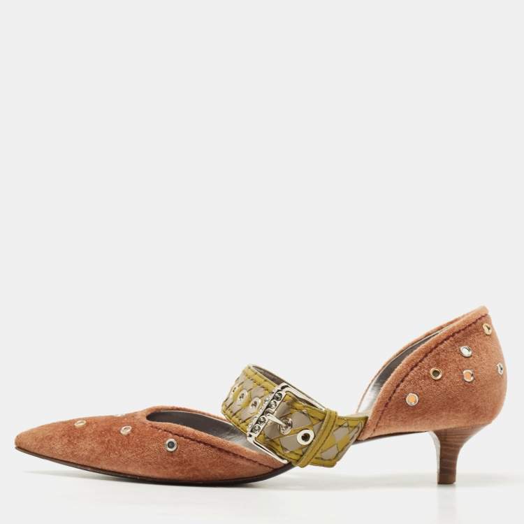 Pre Owned Bottega Veneta Tricolor Velvet and Intrecciato Leather Studded Pumps Size 37