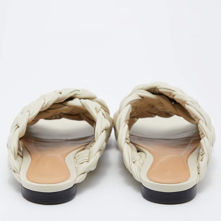 Pre Owned Bottega Veneta Beige Nappa Intrecciato Leather The Board Flat Slides Size 39