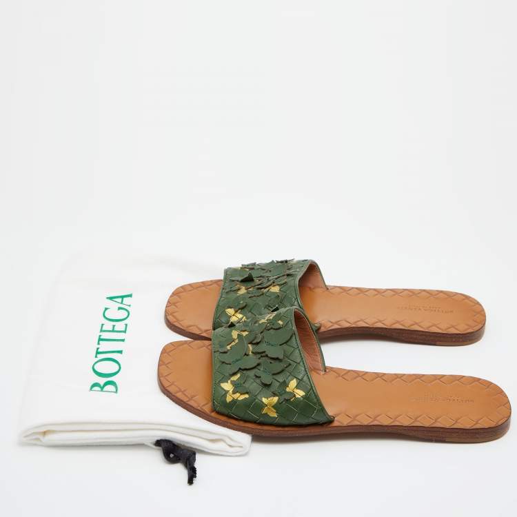 Pre Owned Bottega Veneta Green Intrecciato Leather Butterfly Ravello Flat Slides Size 38
