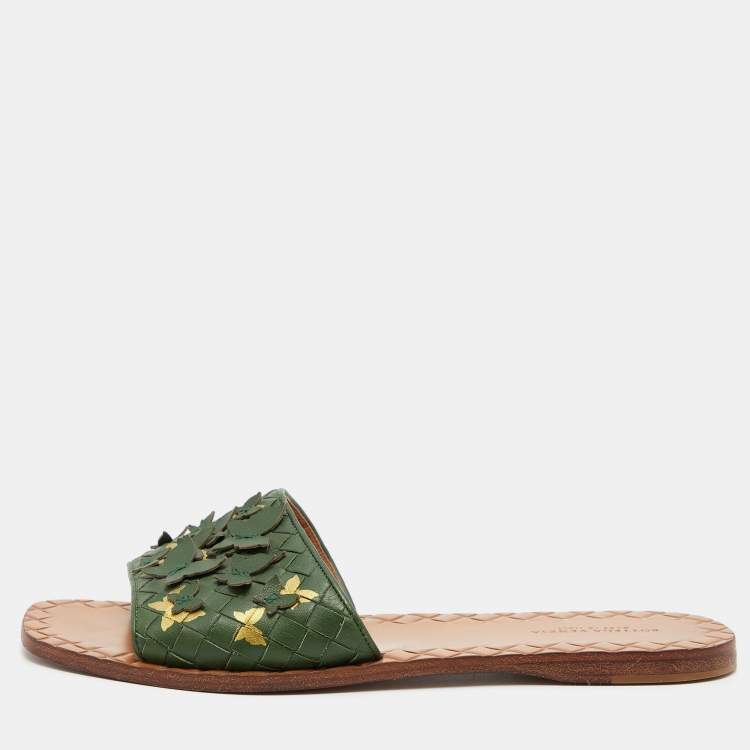 Pre Owned Bottega Veneta Green Intrecciato Leather Butterfly Ravello Flat Slides Size 38