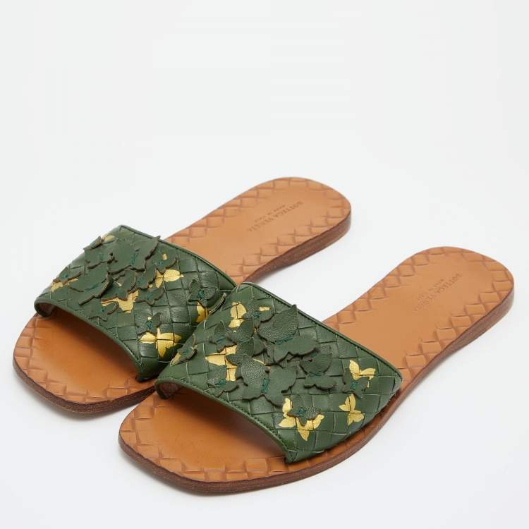 Pre Owned Bottega Veneta Green Intrecciato Leather Butterfly Ravello Flat Slides Size 38