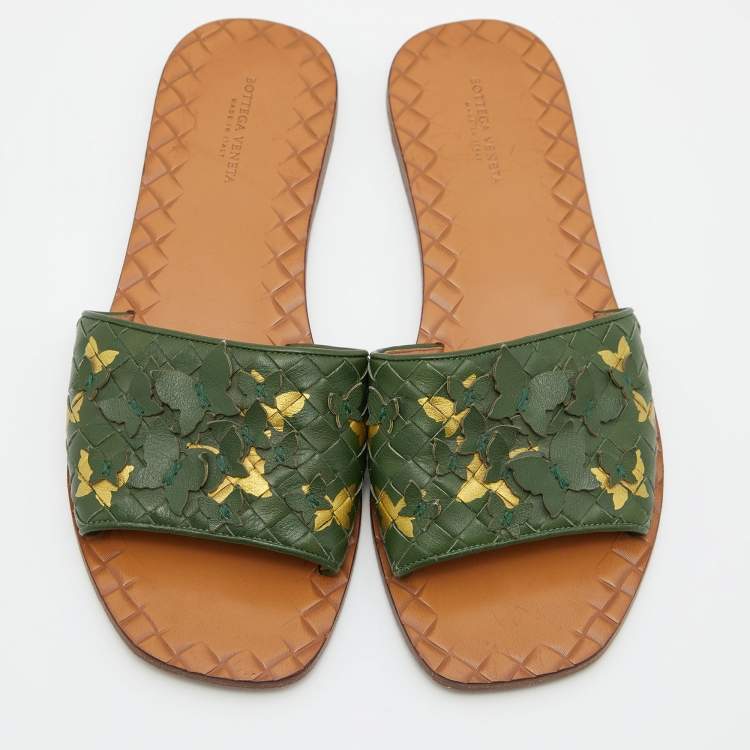 Pre Owned Bottega Veneta Green Intrecciato Leather Butterfly Ravello Flat Slides Size 38