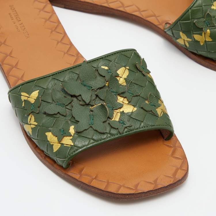 Pre Owned Bottega Veneta Green Intrecciato Leather Butterfly Ravello Flat Slides Size 38