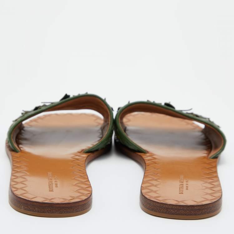Pre Owned Bottega Veneta Green Intrecciato Leather Butterfly Ravello Flat Slides Size 38