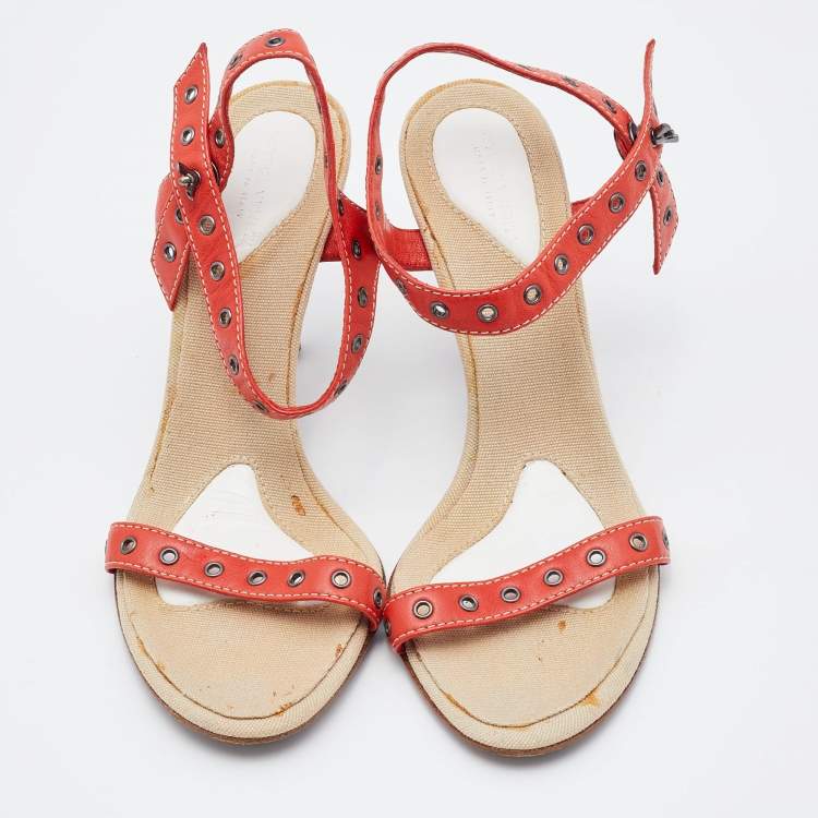 Pre Owned Bottega Veneta Red Eyelets Leather Ankle Strap Sandals Size 35.5