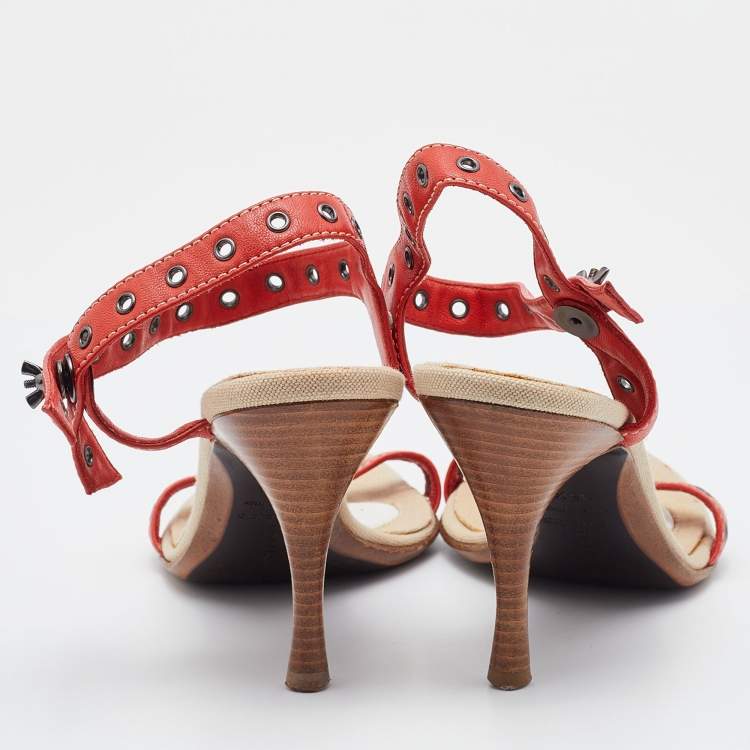 Pre Owned Bottega Veneta Red Eyelets Leather Ankle Strap Sandals Size 35.5
