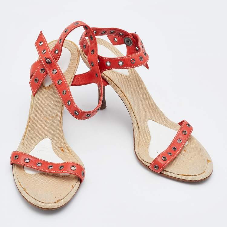 Pre Owned Bottega Veneta Red Eyelets Leather Ankle Strap Sandals Size 35.5