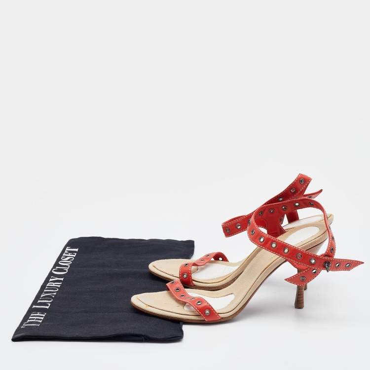 Pre Owned Bottega Veneta Red Eyelets Leather Ankle Strap Sandals Size 35.5