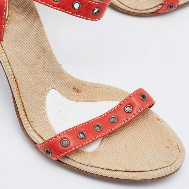 Pre Owned Bottega Veneta Red Eyelets Leather Ankle Strap Sandals Size 35.5
