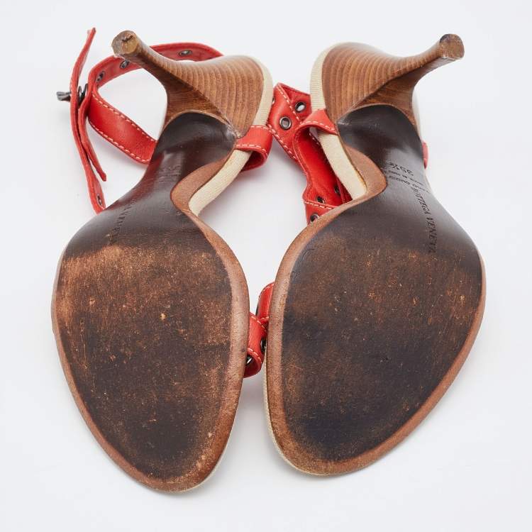 Pre Owned Bottega Veneta Red Eyelets Leather Ankle Strap Sandals Size 35.5